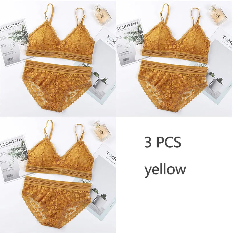 3 Piece Set Bra Lace Beauty Back Suit Underwear Gather Seamless