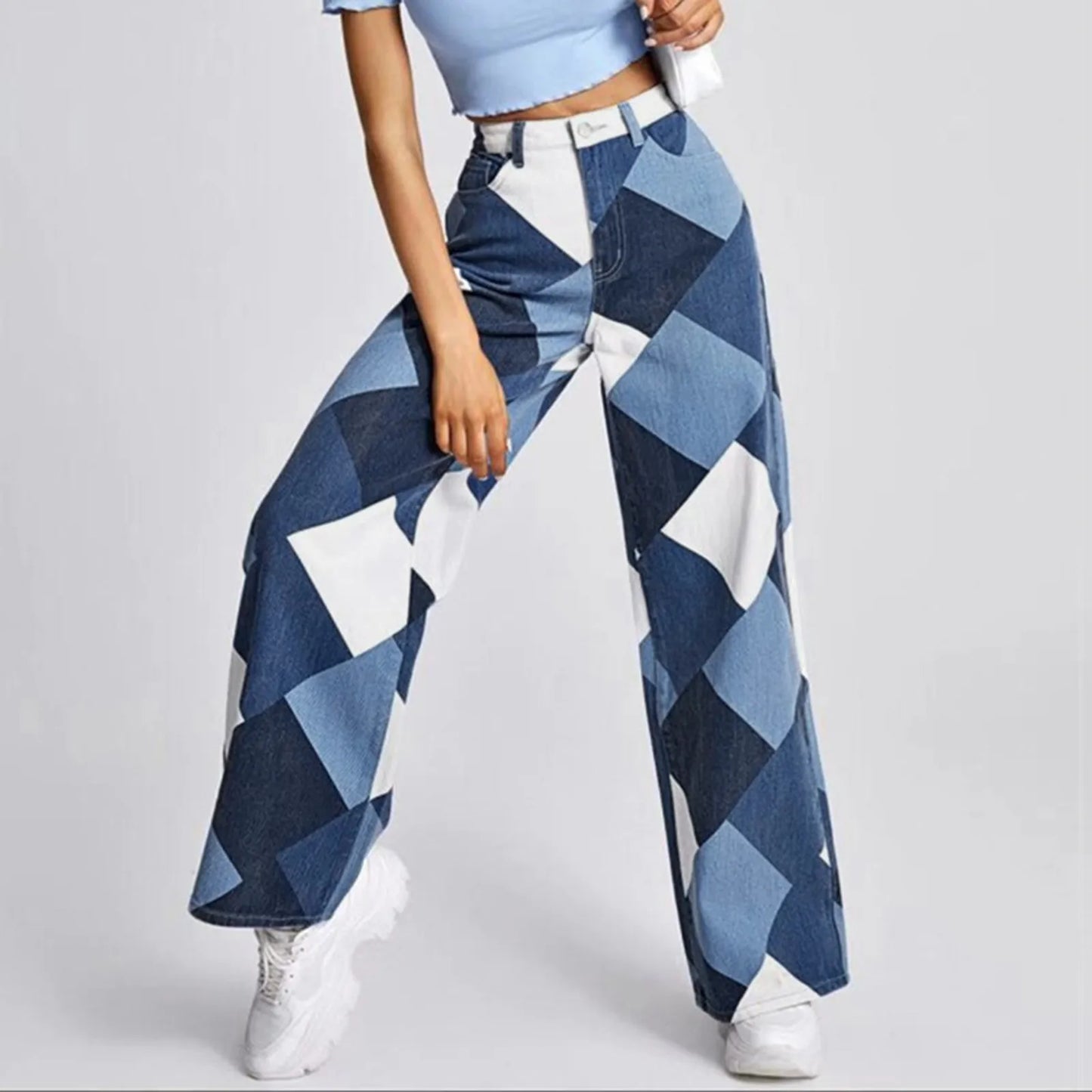Womens Cargo Baggy Blue Jeans Zip Loose Pants Trousers Pockets Pants