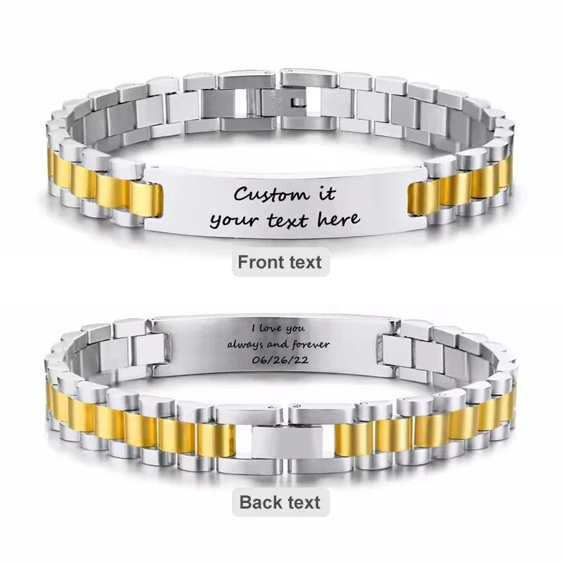 Personalized Engravable Stainless Steel ID Bracelets for Men Custom Engrave Name Plate Identity ID Bar Bracelets for Him19-21CM
