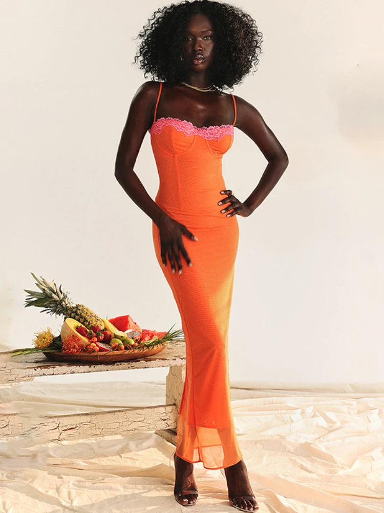 Formal attire Dresses: Strapless Lace Dress Spaghetti Strap Backless Orange