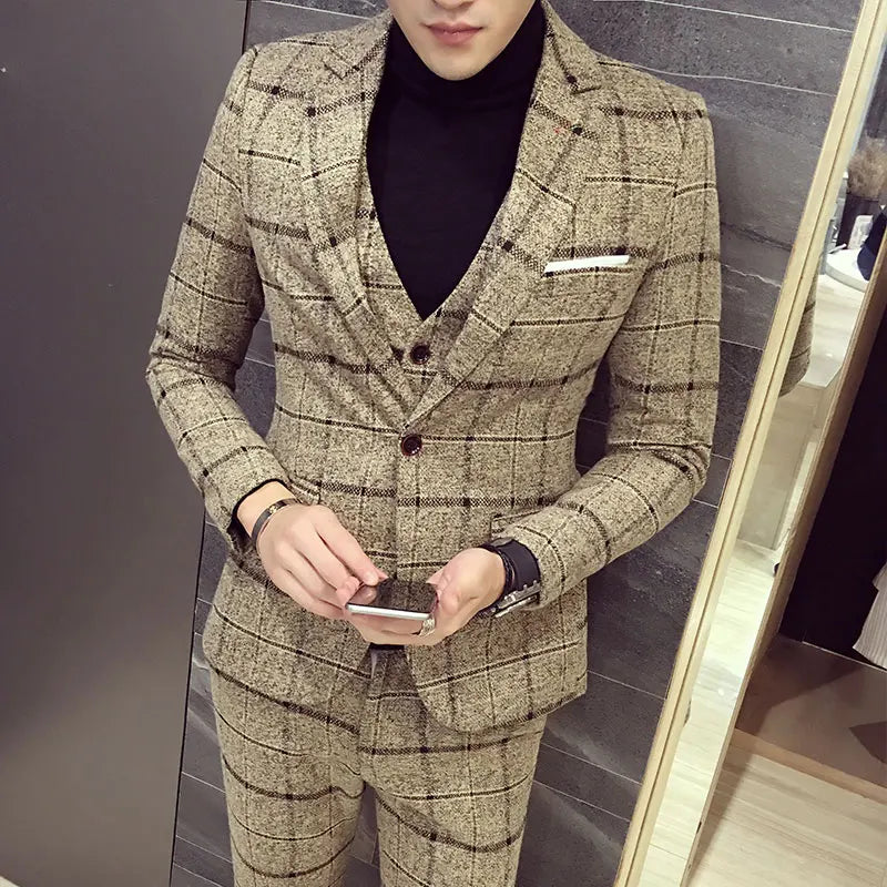 Tuxedo for Mens: Men's Slim Fit Plaid Three-Piece Suit Set - Cotton Blazer, Vest, and Pants