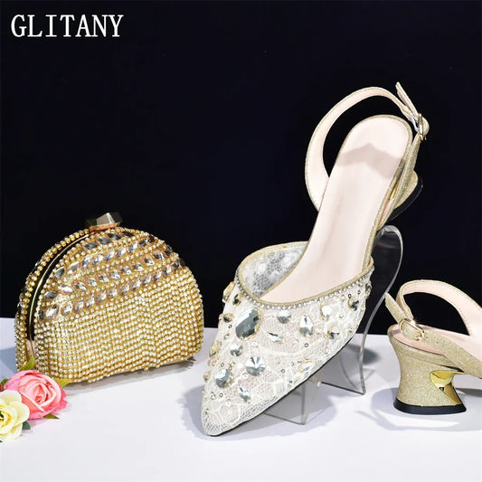 New Arrival African Wedding Shoes and Bag Set with Rhinestone Italian Design Shoes with Matching Bags Nigerian Lady Party Pumps