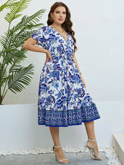 Plus Size Women Flower Print V-Neck A-Line Dresses Elegant Ruffle Short Sleeves