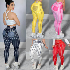 Women High Waist Sports Leggings Stripe Print Stretchable Yoga Pants