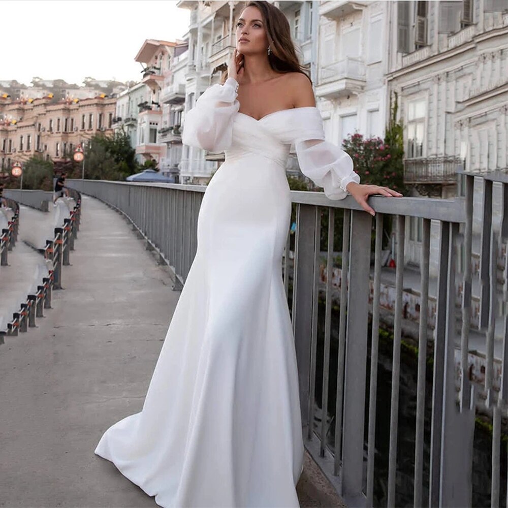White Bridesmaid Dresses: Wedding Dresses Long Puff Sleeve Women Lace Beach