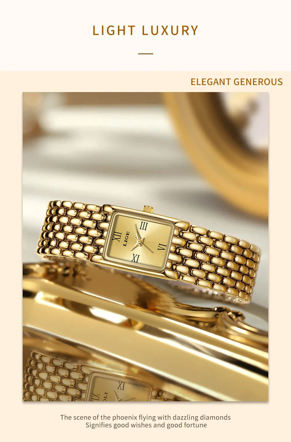 LIGE 2025 New Gold Women's Watch Luxury Quartz Watch Stainless Steel Bracelet Retro Fashion 30M Waterproof Watch for Women reloj