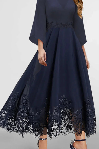 Plus Size Formal Navy Blue Chiffon Lace Stitching 3/4 Sleeve Tunic Maxi Dress Classic Wedding Big Swing A-Line Dress 2024 Summer