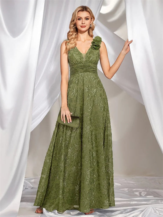 Elegant V Neck Green Floral Evening Dress Long Luxury Women Sleevesless Party Dress