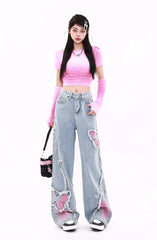 Blue Womens Jeans Butterfly High Waist Straight Baggy Denim Pants American