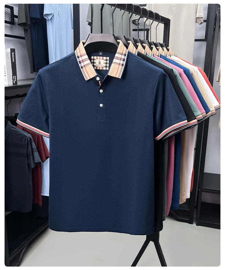 High end silky cotton breathable short sleeve polo shirt men's summer new trend plaid lapel designer brand casual golf T-shirt
