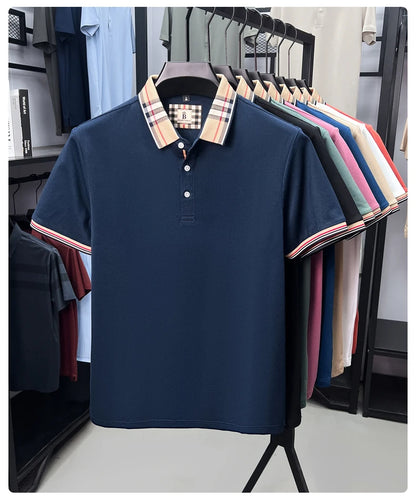 High end silky cotton breathable short sleeve polo shirt men's summer new trend plaid lapel designer brand casual golf T-shirt