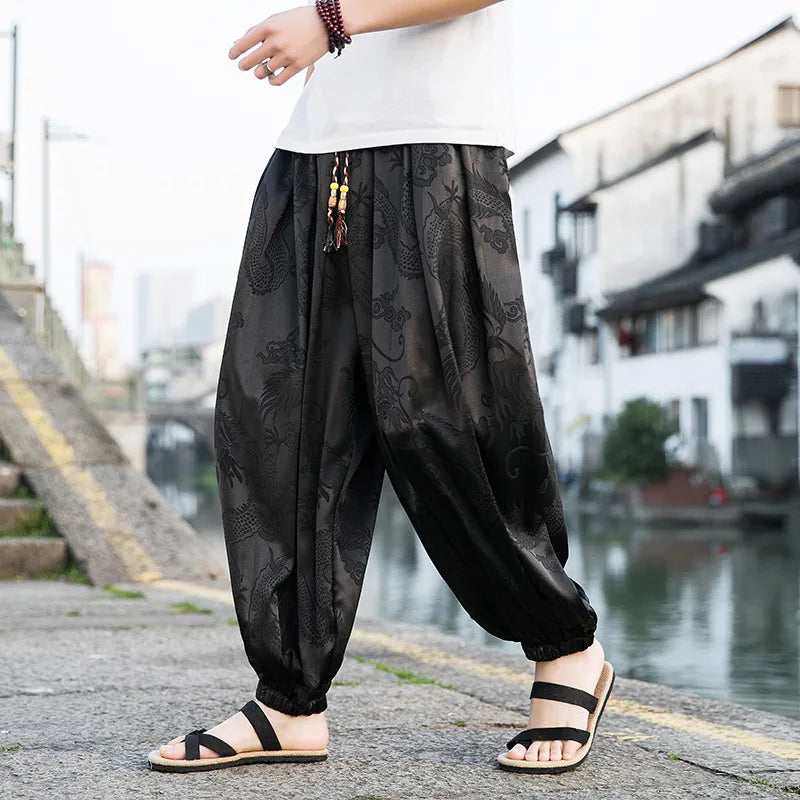 Outdoor Brand Pants For Men Lce Silk Dragon Dark Flower Loose Bloomers