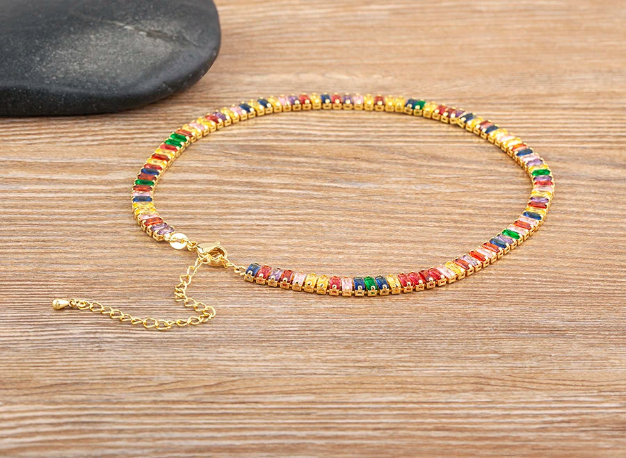 Nidin Classic Colorful Tennis Necklace Men and Women Rectangular Full Zircon Neck