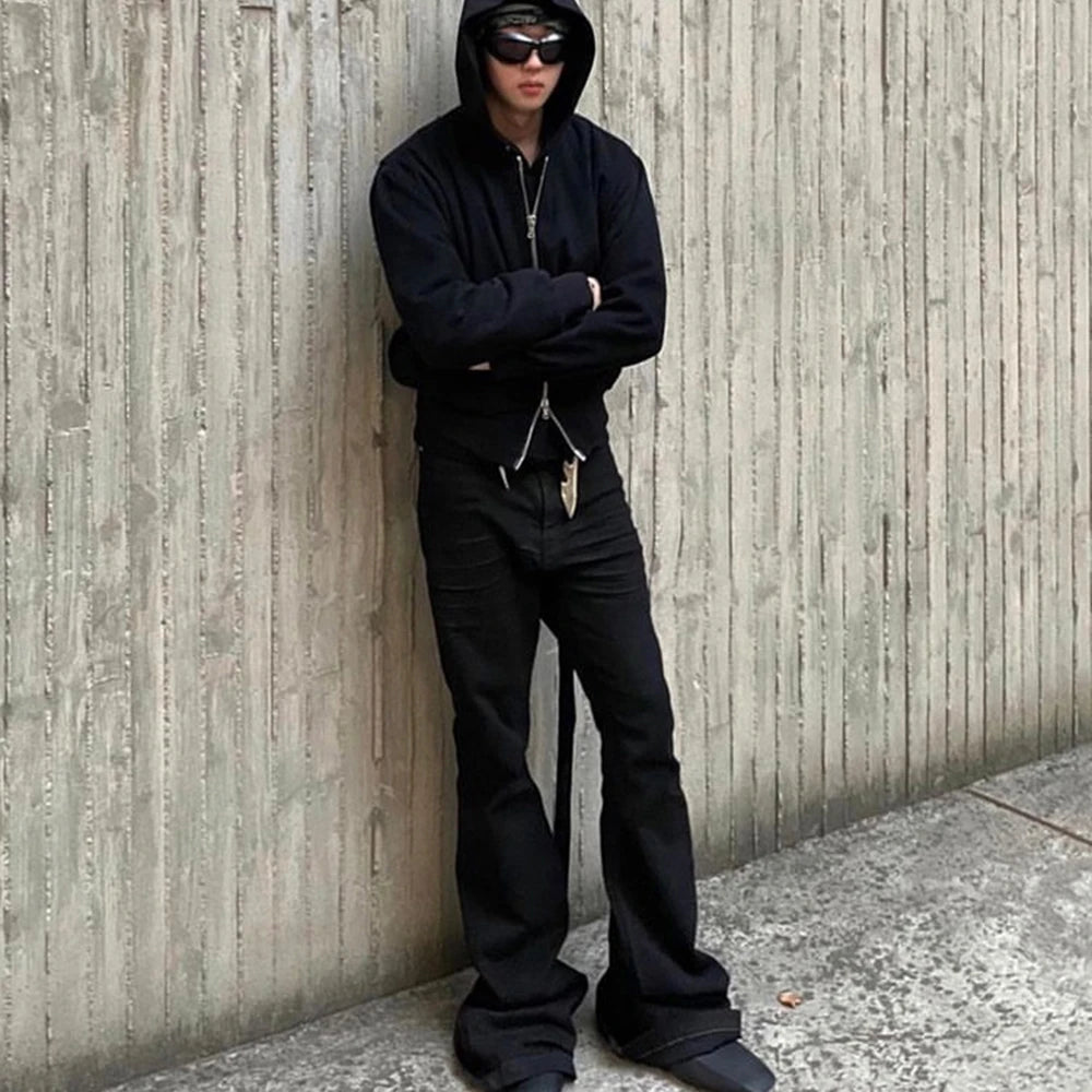 Y2K RO Style Wide Leg Black Vintage Jeans Flare Pants Men's Harajuku Solid Streetwear