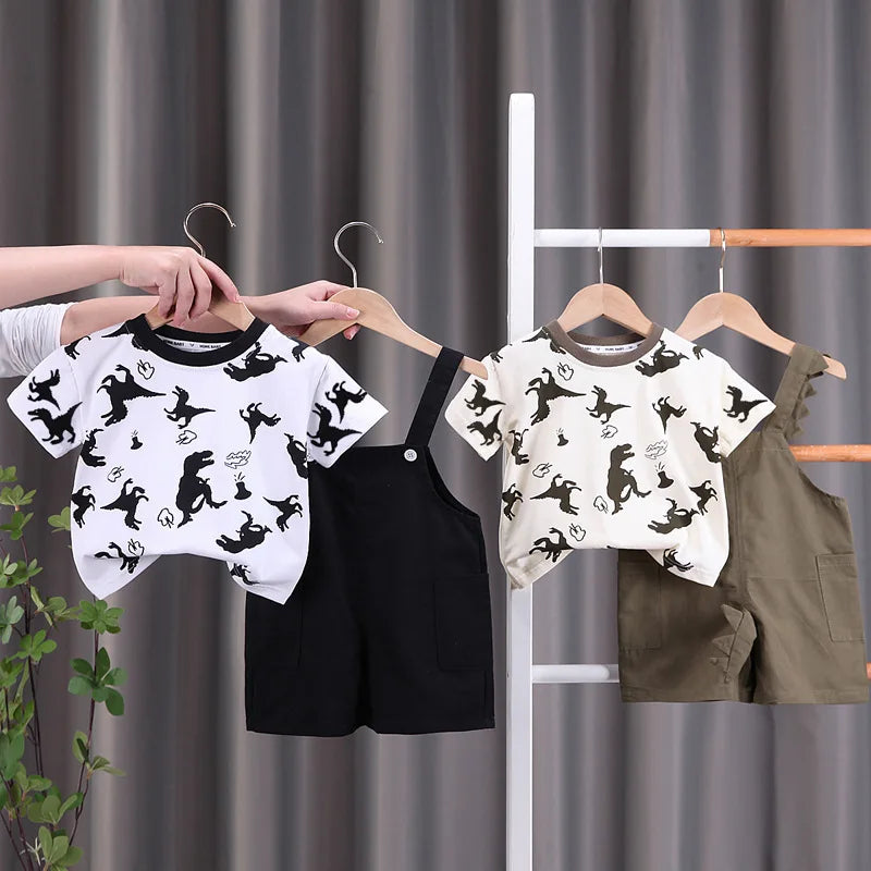 New Summer Baby Boys Clothing Toddler Fashion Infant Children Dinosaur Print Clothes Suits Solid T Shirt Overalls Pants 2Pcs/Set