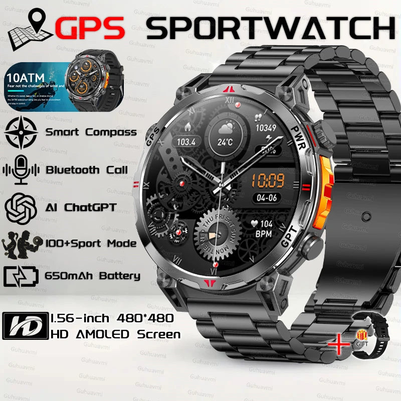 2025New Military GPS Sport Smartwatch Men 650mAh AMOLED Screen Compass Altimeter 10ATM Waterproof Heart Rate Wireless Call Clock