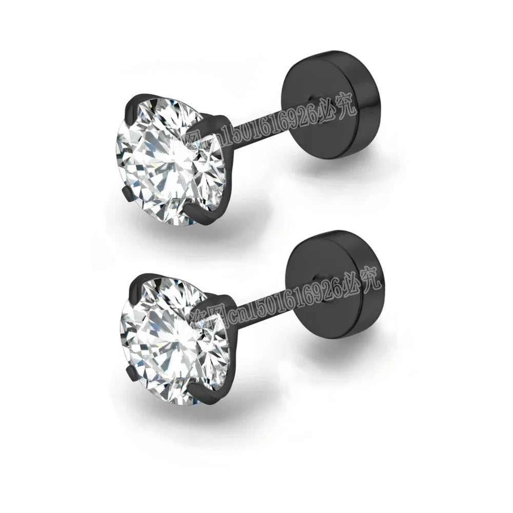 XUBCHC Stainless Steel Round Cubic Zirconia Ear Piercing For Women Men CZ Shiny Silver Color Stud Earrings Black Body Jewelry