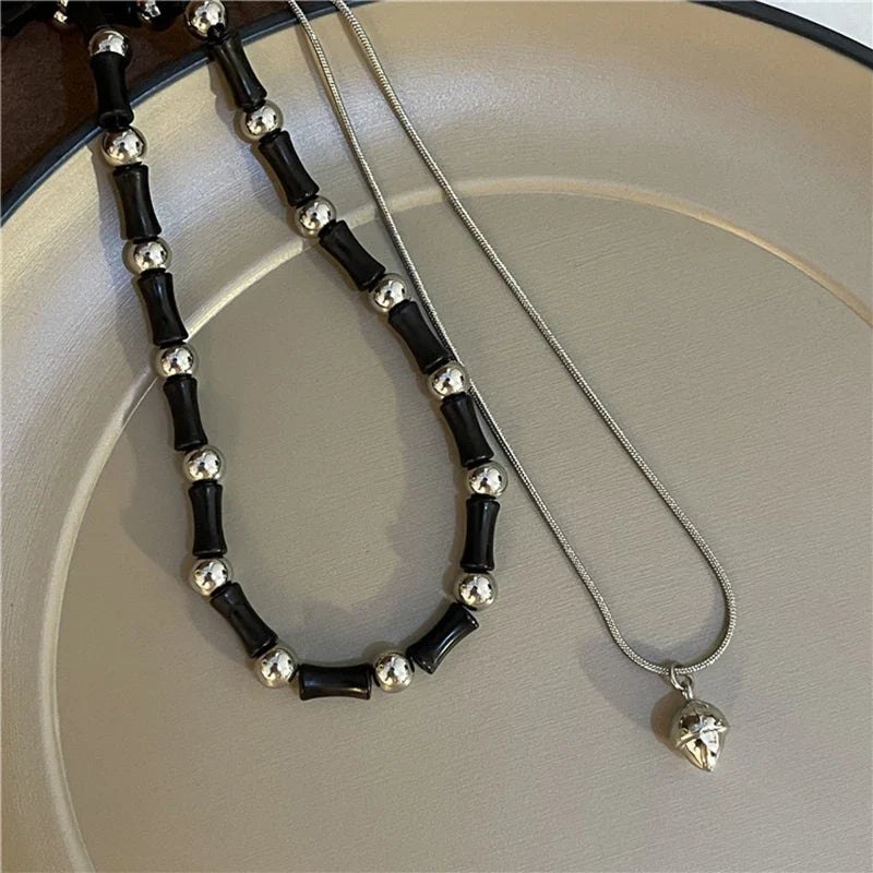 2 Pcs Vintage Peace Buckle Pendant Necklaces Natural Stone Beads Chains Choker Necklace Set Women Men Chinese Style Jewelry