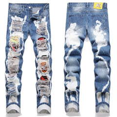 Men's Perforated Jeans 3D Inner Embroidery Zipper Bleached Slim Fit Pantyhose