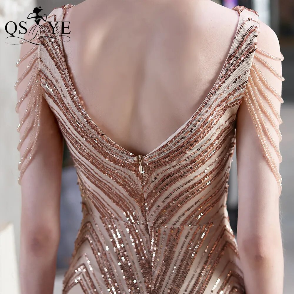 Evening wear Dresses: Golden Prom Dresses V Neck Mermaid Long Evening Dress