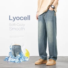 Clothing Spring Autumn Cosy Soft Lyocell Fabric Men's Jeans Loose Wide Leg Pants