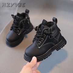 Children's Fashion Boots Winter Thickened Boys Girls' Anti Slip Warm Leather Boots Side Zipper Solid Color Kids Casual Shoes