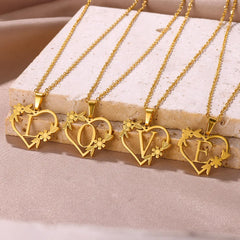 Gold Color Dainty Flower Initials Necklace Women Girl Stainless Steel Heart Letter