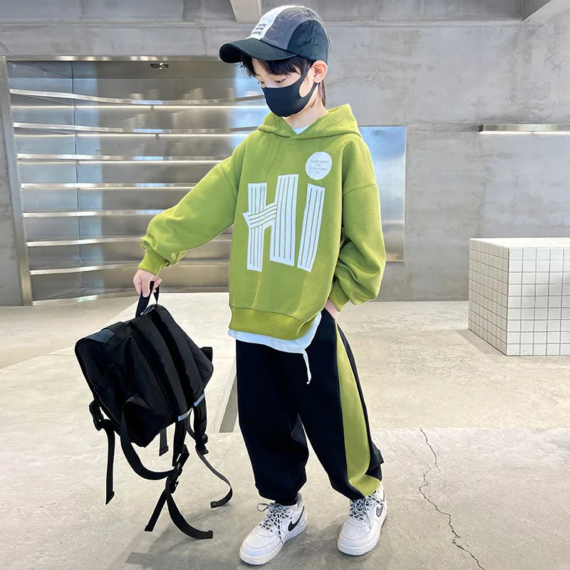 Children Boy Hooded Clothes Set Letter Printed Hoodies Sweatshirts Top and Pants 2 Pieces Suit Teenage Girls Tracksuits