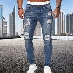 Ripped Skinny Jeans Men Vintage Wash Elastic Biker Holes Denim Pants Casual Slim