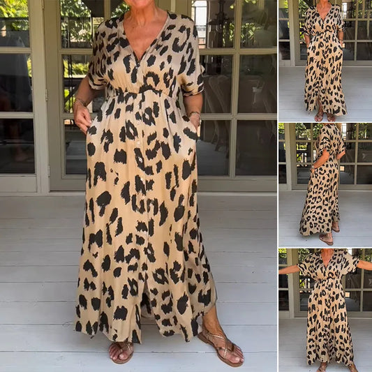 V Neck Leopard Dress Women 2024 Spring Fashion Button Split High Waist Long Sleeve Dresses Casual Holiday Ladies Clothes