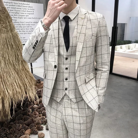 3 Pcs Suit Set Jacket Pants Vest Men's Casual Boutique Business Linen Striped Slim Formal Dress Blazers Coat