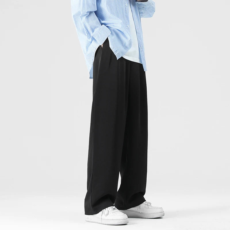Men Pants Pleated Stretch Waist Casual Baggy Long Trousers Black Beige Fashion