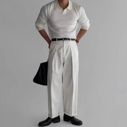 Men's Fashion Luxury V-neck Knitted Jacquard Polo Shirt Solid Color Long-sleeved Korean Popular Leisure Knitwear 2025 New Autumn