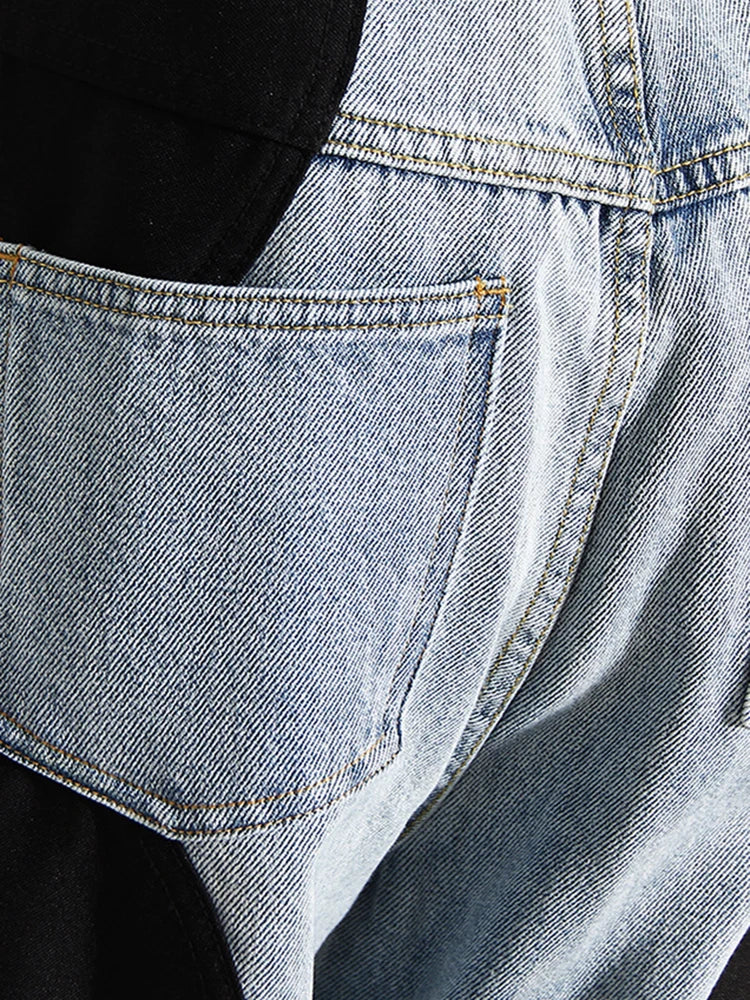 High Waist Blue Denim Long Color-block Wave Wide Leg Jeans Loose Women Trousers