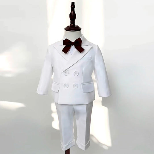 White Suit For Baby Boy 9 Month-4 Year Kids Boys Blazer Pants With Straps 3 PCS Clothes Set Baptism Wedding Elegant Party Dress