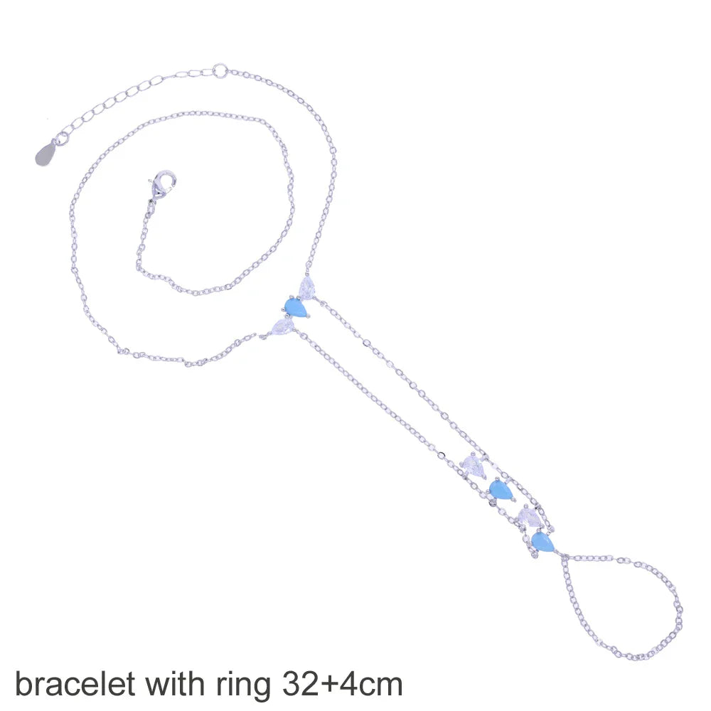 2025 New Geometric Marquise Cubic Zirconia CZ Paved Double Wrist Hand Chain Bracelet Simple Fashion Women Finger Slave Jewelry