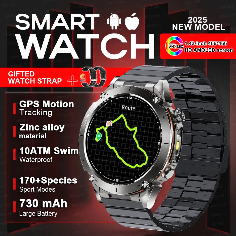 2025 Upgraded New Outdoors Sports Military GPS Smart Watch 10ATM Waterproof 730mAh High Battery Compass NFC HD BT Call Men Watch