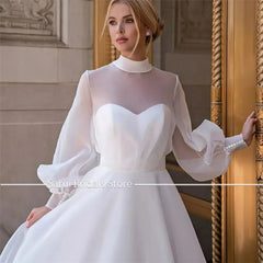High Neck See Through Long Sleeves Organza Hot Sale Wedding Dress with Bow Dress for Bridal vestidos blancos de mujer