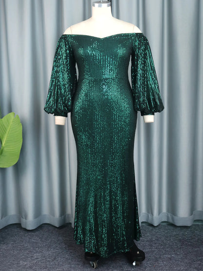 Green Sheath Dresses for Women Plus Size Cold Shoulder Lantern Sleeve High Waist Sequins Evening Wedding Party Outfits 4XL 2023