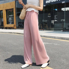 Women Fashion Summer Wide Leg Pants Pleated Ice Silk Trousers Elastic Waist Pants