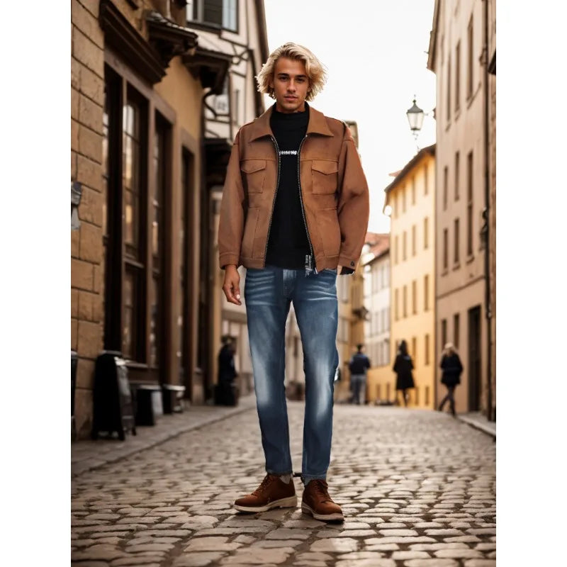 Vintage High Street Suede Material Crock Jacket With Zipper Lapel Casual Short Jacket