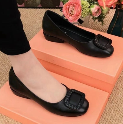 Soft Pu Leather Women's Low Heel Shoes Shallow Mouth All-match Comfortable Pumps Thick Heels Ladies Work Small Leather Shoes