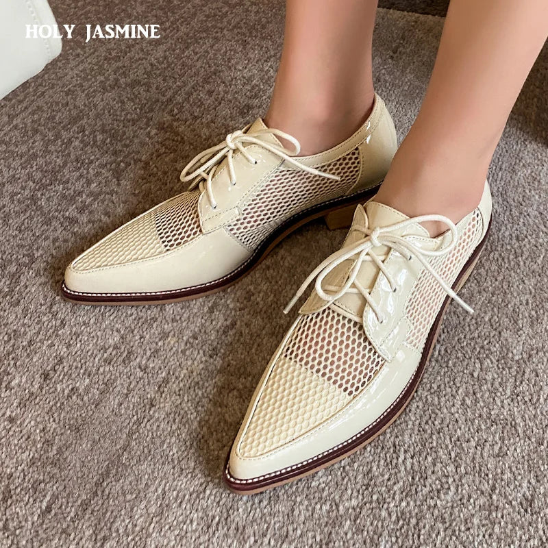 2023 Spring Net Cloth Oxfords Women Shoes Lace-Up Ladies Brogue Flat Derby Shoes Pointed Toe Lace-up Heels Women Shoes for Women