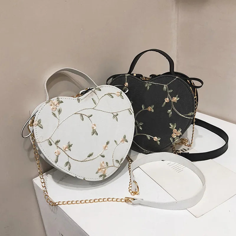 Female Sweet Lace Heart Round Handbags High Quality PU Leather Cross Body Bags