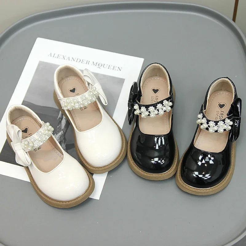 Children Leather Shoes for Girls Glossy Kids Fashion Pearls with Bow Casual