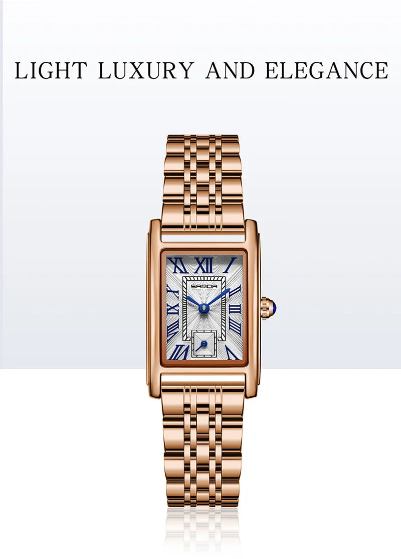 SANDA 1116 Quartz Watch Women Elegant Design Watches Rectangle Dial Waterproof Steel Leather Business Ladies Wristwatches Gift