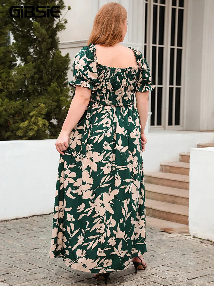 GIBSIE Plus Size Square Neck Floral Print Puff Sleeve Dress Women Summer 2024 Vacation Beach Bohemian Swing Long Maxi Dresses