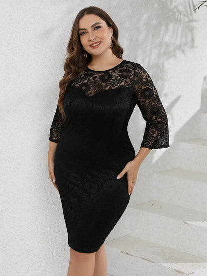 Plus Size Summer Dresses for Women 2023 Lace Floral See Through Bodycon Prom Formal Party Dress Black Casual Midi Dresses