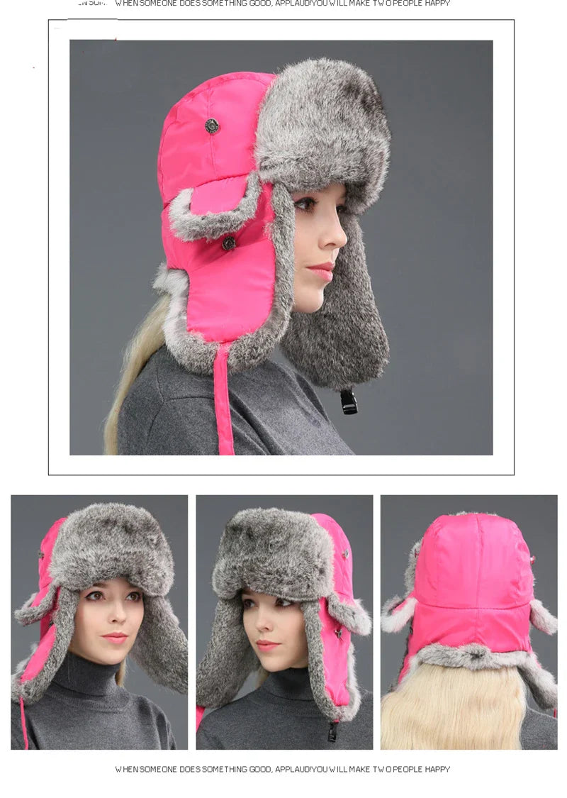 Russia Winter Real fur Hat Unisex Outdoor Windproof Super Warm Real Rabbit Fur Bomber Hats Natural Soft Natural Rabbit Fur Caps
