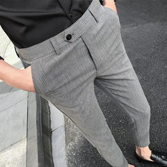 Business Man Suits Pants Striped Gray Trousers for Men Social Tailoring Spandex Up Vintage Korean Style Clothes